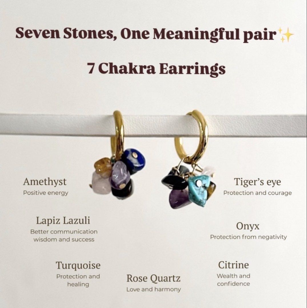 Seven Chakra Hoop Earrings (Category: Earrings) located in Paranaque City. Submitted by seektoshop (Listing ID 1463655819, Image 2). Description: ✨ Features 7 natural gemstones, each representing a chakra. AMETHYST: positive energy LAPIS LAZULI: Better communication wisdom and success TURQUOISE: Protection and healing ROSE QUARTZ: Love and harmony CITRINE: Wealth and confidence TIGER’S EYE: Protection and courage ONYX: Protection from negativity 