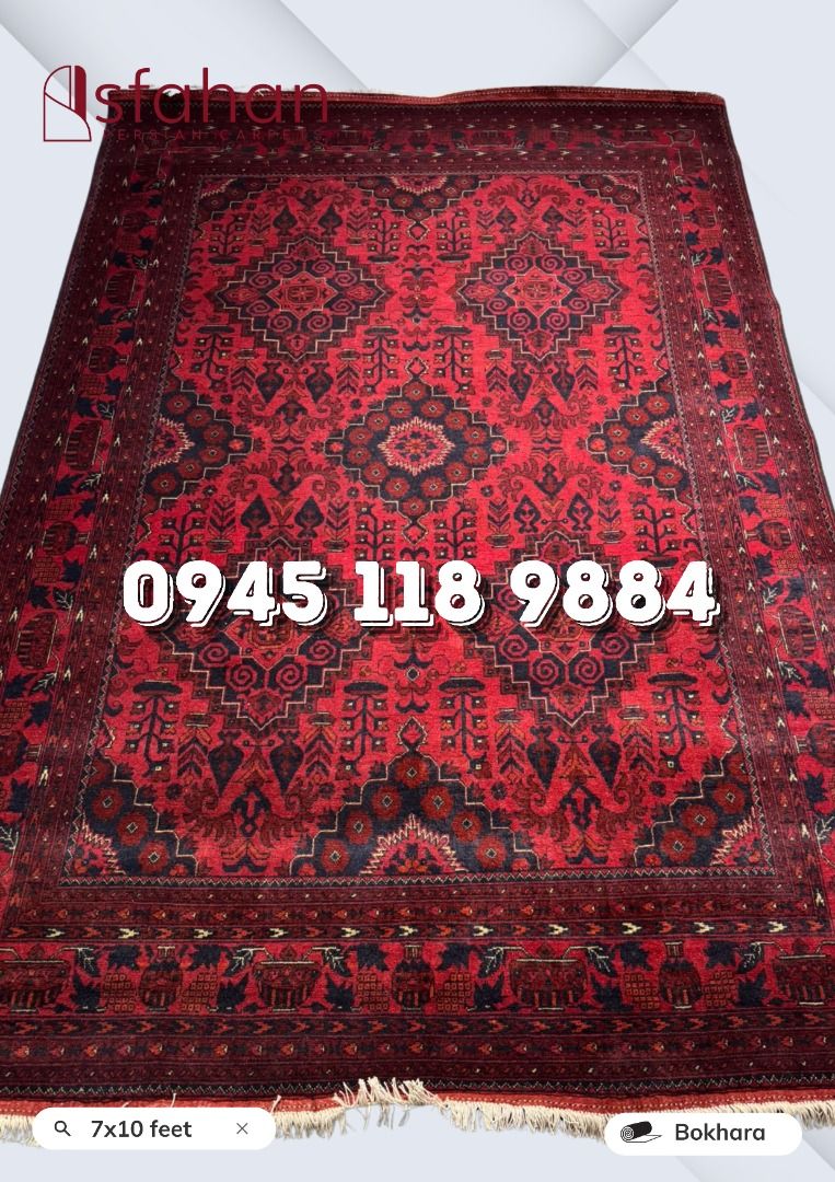 7x10feet Handmade Bokhara Carpet (Category: Carpets, Mats & Flooring) located in Pasig City. Submitted by isfahan999 (Listing ID 1463715123, Image 1). Description: PURE, AUTHENTIC, AND IMPORTED HANDMADE CARPETS Quality: Handmade Bokhara Material: Wool Size: 7x10 feet Disclaimer: Please note that actual product colors may deviate from what is displayed on screen. We highly recommend viewing the products in person. Carpet demonstrations are offered