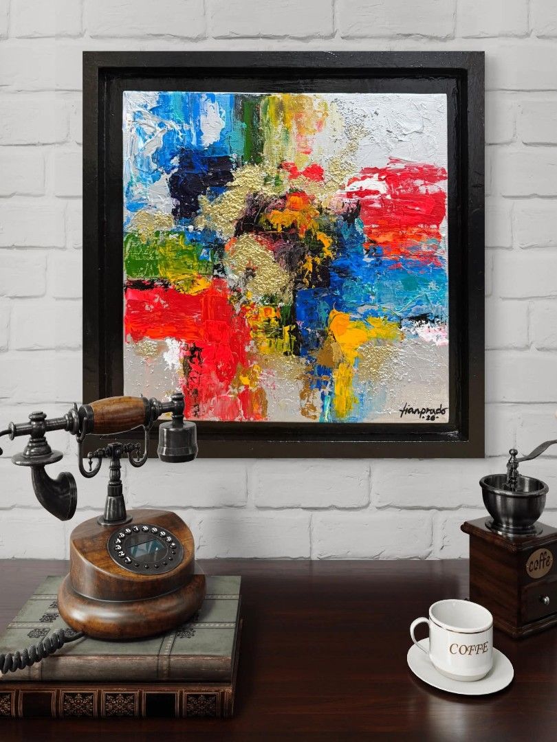 Abstract Painting "Metallic Pulse" (Category: Art & Prints) located in Quezon City. Submitted by obranitian (Listing ID 1463568231, Image 2). Description: Size: 12 x 12 inches (15 x 15" w/ frame) Acrylic paint with varnish finishing On stretched Canvas with black floating frame With COA Ready to Display Pm me for details.