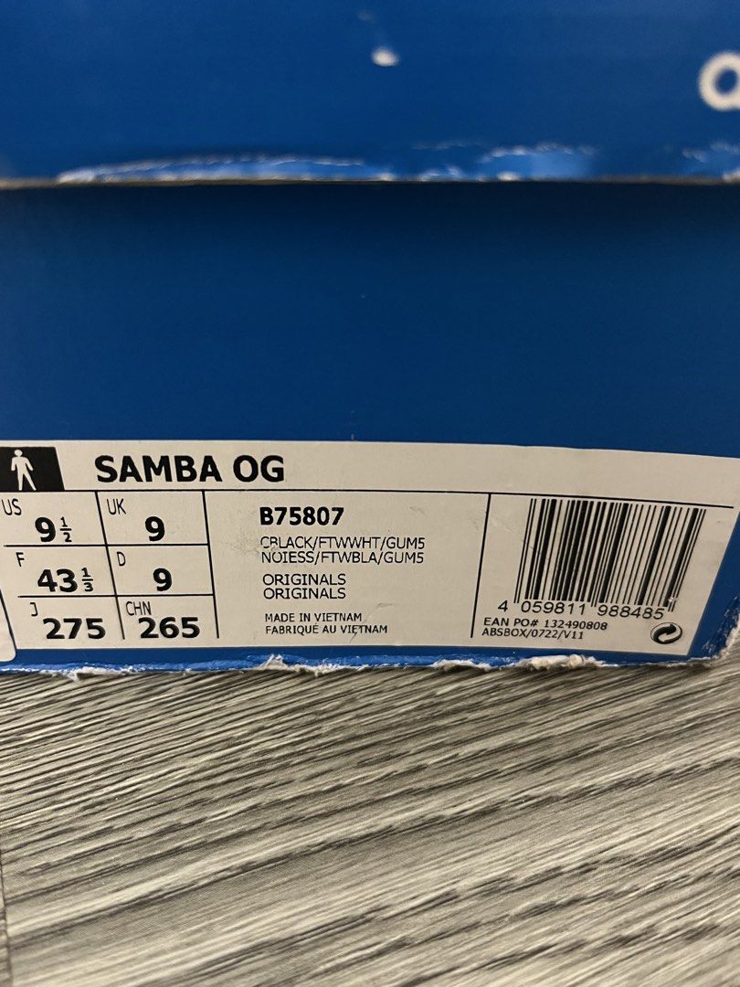 Adidas Sambas OG Black (Category: Sneakers) located in Manila. Submitted by ams_shop (Listing ID 1463702604, Image 2). Description: Adidas Sambas OG Black Size 9.5 US Slight damage on box but shoes are brand new Loc: Sta Rosa, Nuvali.