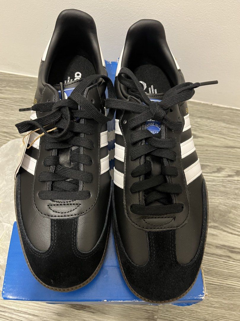 Adidas Sambas OG Black (Category: Sneakers) located in Manila. Submitted by ams_shop (Listing ID 1463702604, Image 3). Description: Adidas Sambas OG Black Size 9.5 US Slight damage on box but shoes are brand new Loc: Sta Rosa, Nuvali.