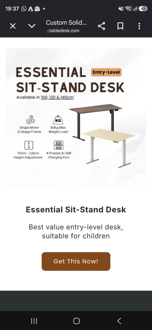 Adjustable work table (Category: Tables & Sets) located in Singapore. Submitted by cocothepoodle (Listing ID 1463668281, Image 1). Description: - Entry-level Sit-Stand Desk - size: 140cm width: 70cm - Single Motor, 2-Stage Frame - Height Adjustment: 70cm - 118cm - Max Weight Load: 80kg - Features: 4 Preset Heights, Built-in USB Charging Port - Great Value for Children's Study/Workstation.
