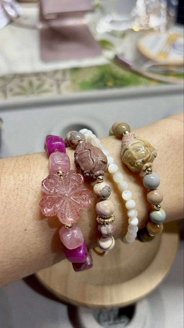 Alashan Mermaid + Sakura Agate Beaded Bracelet (Category: Bracelets) located in Rizal. Submitted by va_nes_sa_ (Listing ID 1463632882, Image 3). Description: - Handmade bracelet featuring Alashan Mermaid and Sakura Agate beads. - Properties: Grounding, inner peace, love, growth, emotional harmony, and transformation. - Accents: White shell beads and gold details. - Design: Adjustable chain with charming accents. - Style: Unique and perfect for ev