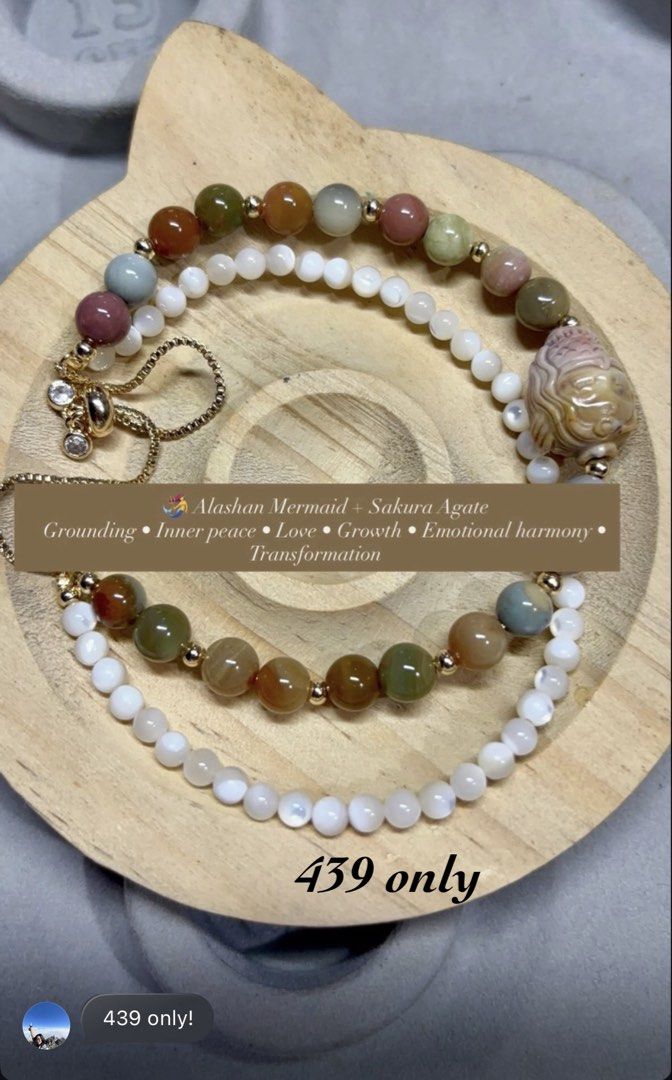 Alashan Mermaid + Sakura Agate Beaded Bracelet (Category: Bracelets) located in Rizal. Submitted by va_nes_sa_ (Listing ID 1463632882, Image 1). Description: - Handmade bracelet featuring Alashan Mermaid and Sakura Agate beads. - Properties: Grounding, inner peace, love, growth, emotional harmony, and transformation. - Accents: White shell beads and gold details. - Design: Adjustable chain with charming accents. - Style: Unique and perfect for ev
