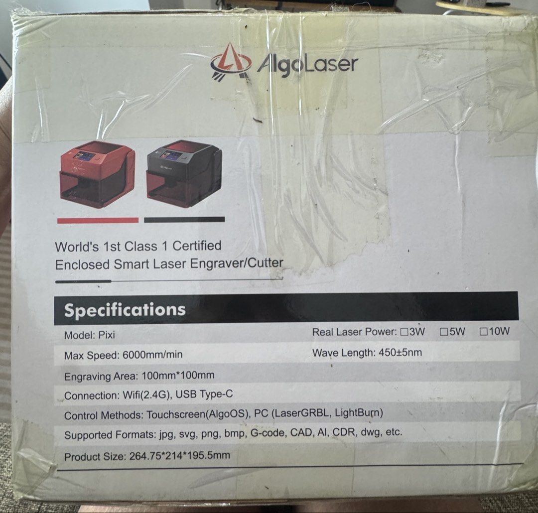 AlgoLaser Pixi Smart Laser Engraver/Cutter (Category: Printers, Scanners & Copiers) located in Quezon City. Submitted by edrickcu (Listing ID 1463600530, Image 3). Description: - AlgoLaser Pixi Smart Laser Engraver & Cutter - World's 1st Class 1 Certified - Standalone Operation: No PC Required! - Compact Engraving Area: 100mm x 100mm - Connectivity: WiFi or USB-C - Wide File Support: JPG, SVG, PNG, BMP, G-code, CAD, AI, CDR, DWG, and more - Real 