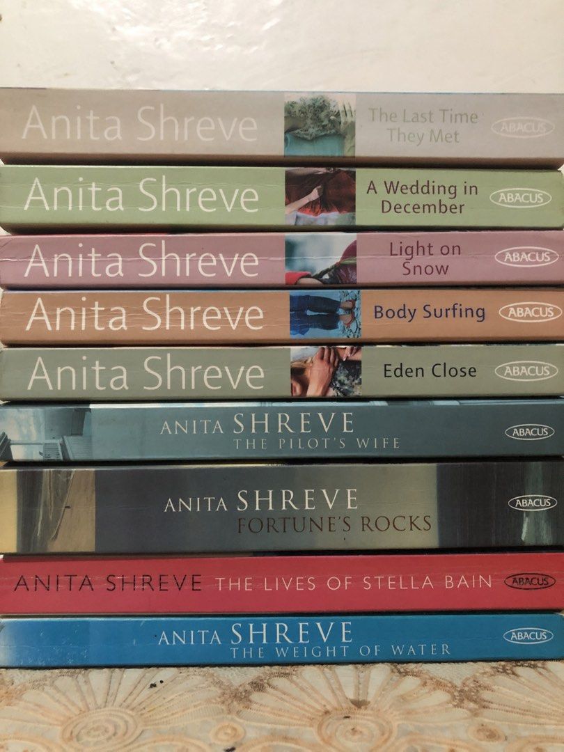 Anita Shreve Books (Category: Storybooks) located in Manila. Submitted by moonlightsoul (Listing ID 1463624906, Image 1). Description: - Collection of 9 paperback novels by acclaimed author Anita Shreve. - Titles included: The Last Time They Met, A Wedding in December, Light on Snow, Body Surfing, Eden Close, The Pilot's Wife, Fortune's Rocks, The Lives of Stella Bain, and The Weight of Water. - All books are in paperback format. - Ideal for exis