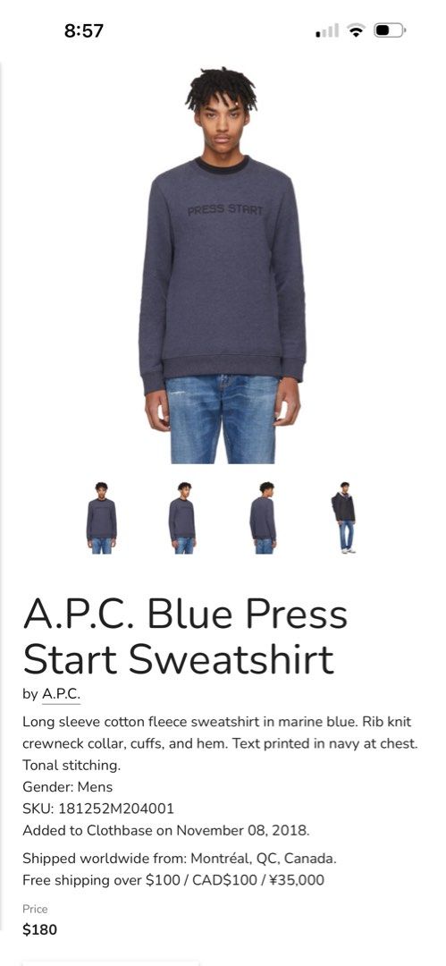 A.P.C. Blue Press Start Crewneck Sweatshirt (Category: Coats, Jackets and Outerwear) located in Manila. Submitted by noribrahim.20 (Listing ID 1463682896, Image 1). Description: - Brand: A.P.C. - Type: Crewneck Sweatshirt - Color: Blue - Size: L - Material: 100% Cotton - Features: Long sleeves, ribbed cuffs and hem, 'PRESS START' text print on chest - Style: Casual wear.