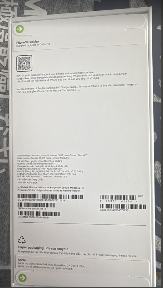 Apple Iphone 18 Pro Max Burgundy 256 (Category: iPhone 17 Series) located in Makati City. Submitted by magicshowtime_208 (Listing ID 1461470958, Image 3). Description: Apple 18 Pro Max 256G - Color BURGUNDY - Australia Variant - Sealed and Open Line - 2 units available only ETA Oct. 18 ,2026 from AUSTRALIA - ON HAND .