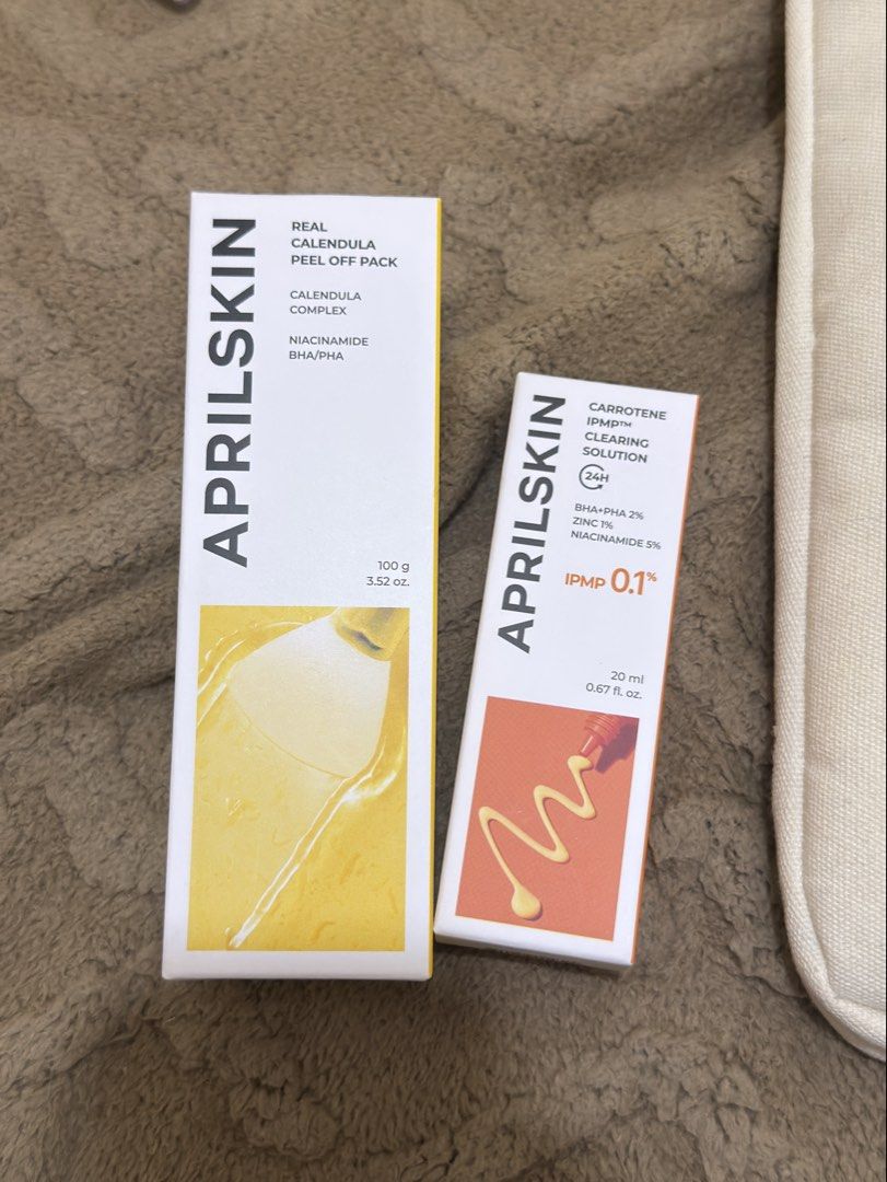 APRILSKIN Real Calendula Peel Off Pack & Clearing Solution (Category: Face Care) located in Muntinlupa City. Submitted by ynna1207 (Listing ID 1463738471, Image 1). Description: - Aprilskin Real Calendula Peel Off Pack (100g): - Key Ingredients: Calendula Complex, Niacinamide, BHA/PHA - Benefits: Skin clearing, refreshing peel - Aprilskin Carotene IPMP Clearing Solution (20ml): - Key Ingredients: BHA+PHA 2%, Zinc 1%, Niacinamide 5%, IPMP 0.1% - B