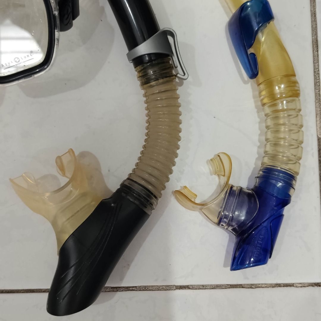 Aqua Lung Mask & Mares Snorkel Set (Category: Water Sports) located in Quezon City. Submitted by chibiboss (Listing ID 1463589758, Image 3). Description: Used Snorkel Gear set: 1 x MARES Snorkel 1 x AQUA LUNG Snorkel 1 x AQUA LUNG Snorkel Goggles - Used twice only, but discolored due to storage - Aqua lung LOGO on the snorkel has deteriorated - but doesnt affect function of the snorkel.