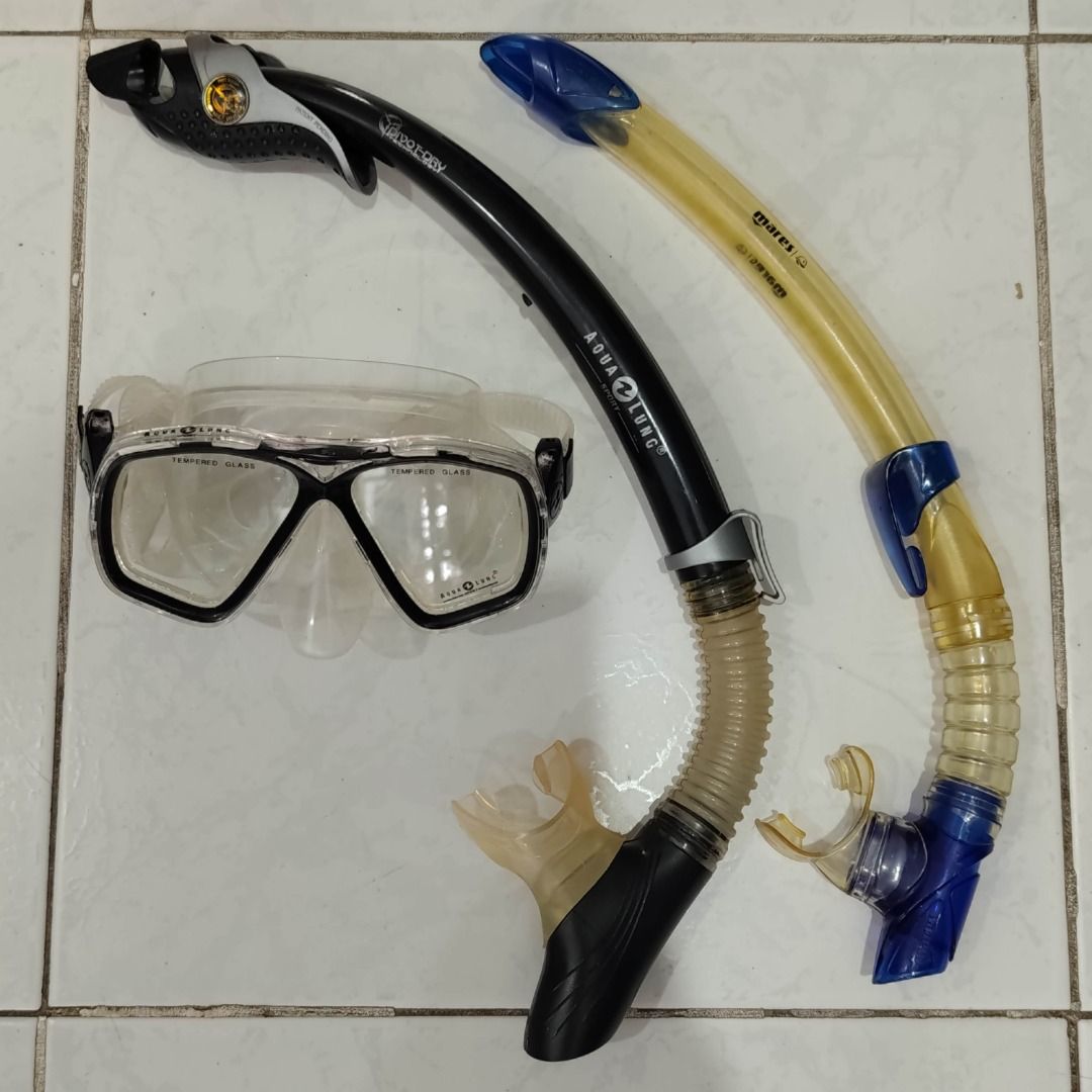Aqua Lung Mask & Mares Snorkel Set (Category: Water Sports) located in Quezon City. Submitted by chibiboss (Listing ID 1463589758, Image 1). Description: Used Snorkel Gear set: 1 x MARES Snorkel 1 x AQUA LUNG Snorkel 1 x AQUA LUNG Snorkel Goggles - Used twice only, but discolored due to storage - Aqua lung LOGO on the snorkel has deteriorated - but doesnt affect function of the snorkel.