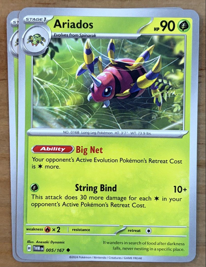 Ariados | Pokemon Cards ~ Twilight Masquerade (Category: Raw Singles) located in Makati City. Submitted by cardlab (Listing ID 1463576190, Image 1). Description: Items are 💯 authentic/original/legit. About The Card: •Language: EN • Number: 005/167 • Uncommon • Normal FOR: • Cards ₱99 and below with Card Sleeves • Cards ₱100 and up with Card Sleeves and Used Toploader • ₱10 for Bnew Tops Packaging (If Shipping): ✔️ Plastic cover ✔️ Cardboard ✔️ B