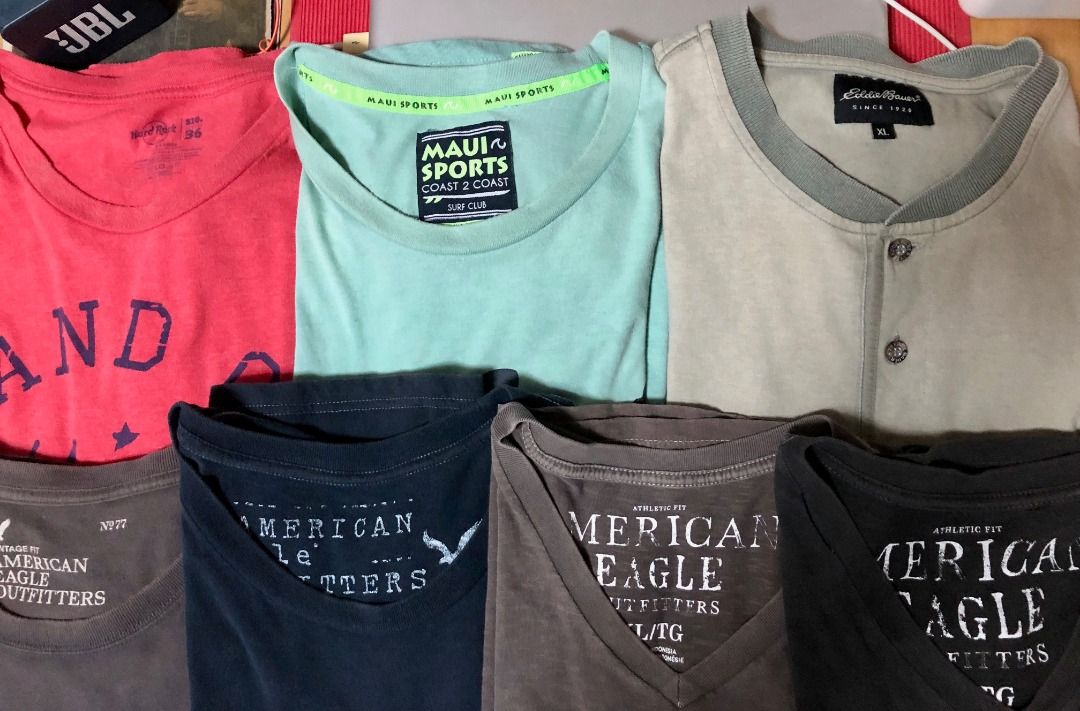 Assorted Branded T-Shirts for Men (Category: Tshirts & Polo Shirts ) located in Calamba. Submitted by marjoh29436 (Listing ID 1463690689, Image 2). Description: It’s branded cotton T-shirts, bundle of 7, assorted colors, necklines mix of V-neck and Crew neck, perfect for casual everyday wear, great value for a variety of styles and all in one price! USED, clean and show signs of wear but retain in good condition. (SEE PHOTOS) SIZE: All in XL (Ame