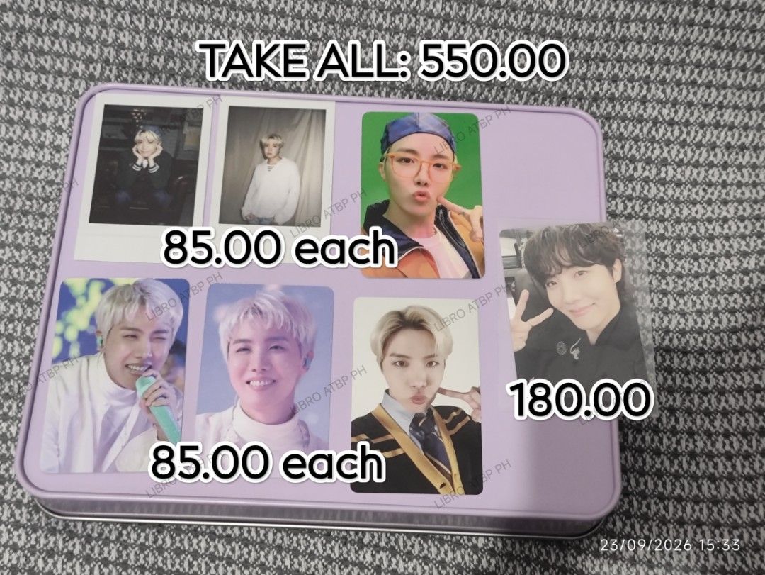 ASSORTED J-HOPE Photocards (Category: K-Wave Merchandise) located in Quezon City. Submitted by libro_atbp (Listing ID 1463657788, Image 1). Description: 🧸 TINY TAN / BT21 FOR SALE. Decluttering my personal collection. 💜 Prices & conditions are indicated in the photos. 💳 GCash / Maya / MariBank / GoTyme 🚚 Grab / Lalamove / Flash / J&T 📍 QC PAYO • FIRST TO PAY No COD • No reservations • No haggling. DM/comment if interested.