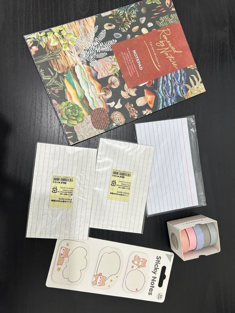 Assorted Stationery Set: Notepad, Sticky Notes & Washi Tape + Freebies! (Category: Stationery & School Supplies) located in Caloocan City. Submitted by softlysorted (Listing ID 1463559415, Image 1). Description: Assorted stationery bundle—perfect for students, journaling, planning, or office use. Includes: 1. “Renewed by Nature” patterned notepad 2. 2 MUJI grid sticky-note pads 3. Lined index cards 4. Cute bear sticky notes 6. Pastel sticky page 