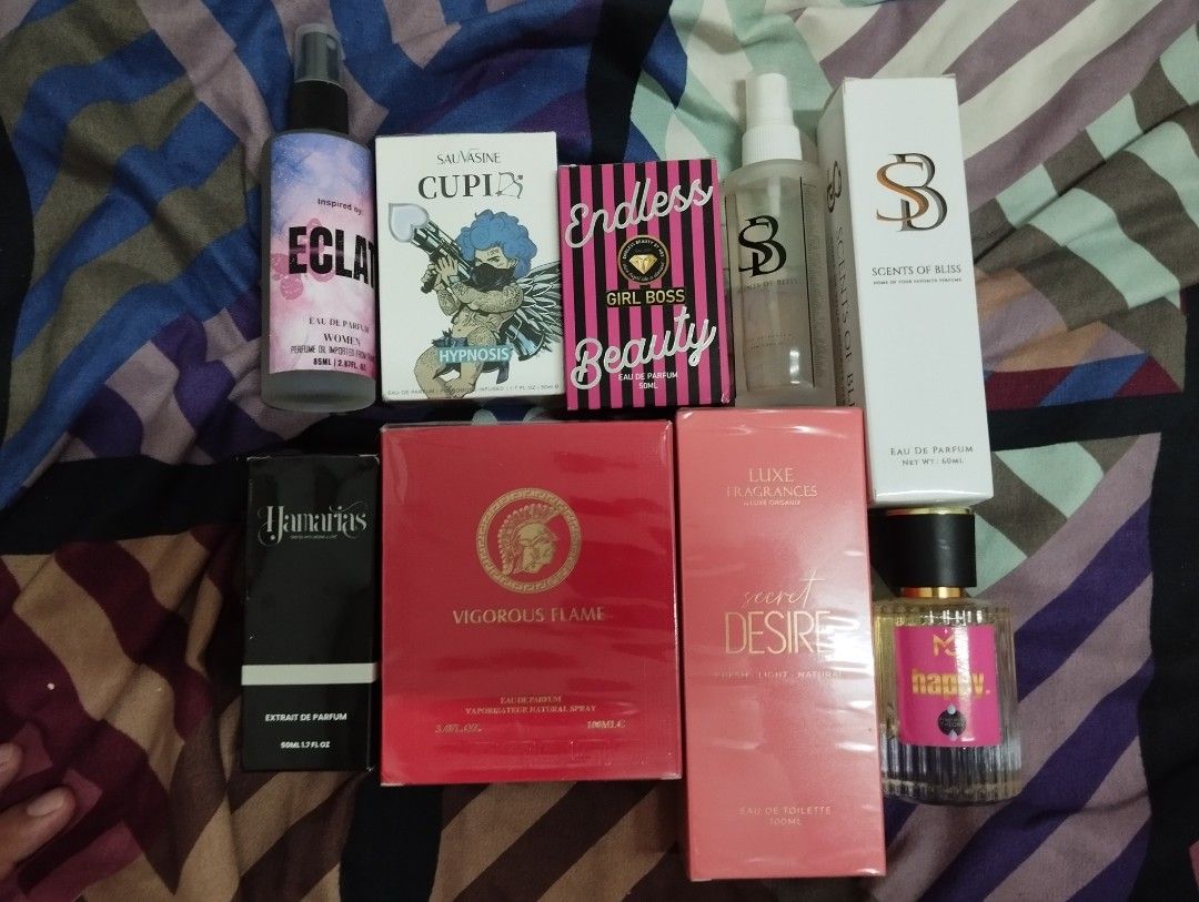 Assorted Women's Perfumes - Various Brands and Sizes (Category: Fragrance & Deodorants) located in Mexico. Submitted by geraldtam726 (Listing ID 1463671158, Image 1). Description: Luxe Organix secret desire (Brand-new) (Unisex) Eclat Inspired (FSM) (Unisex) Cupid (FSM) (Men) Endless Beauty (FSM) (Women) Rabane 1M inspired (dented) (Men) Polo Sport black inspired (FSM) (Men) Jo Malone Sage and Sea salt inspired (FSM) (unisex) Eros Flame inspired (