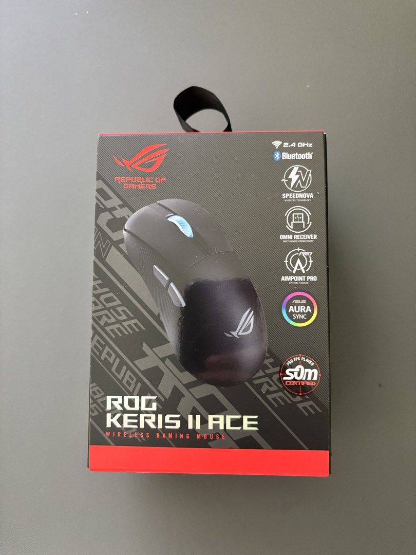 ASUS ROG Keris II Ace Wireless Gaming Mouse (Category: Mouse & Mousepads) located in Batangas. Submitted by becoming23 (Listing ID 1463639104, Image 1). Description: - ASUS ROG Keris II Ace wireless gaming mouse - Dual connectivity: 2.4 GHz and Bluetooth - Includes original pouch and all accessories (as pictured) - Perfect for gaming enthusiasts - Feel free to ask any questions!.