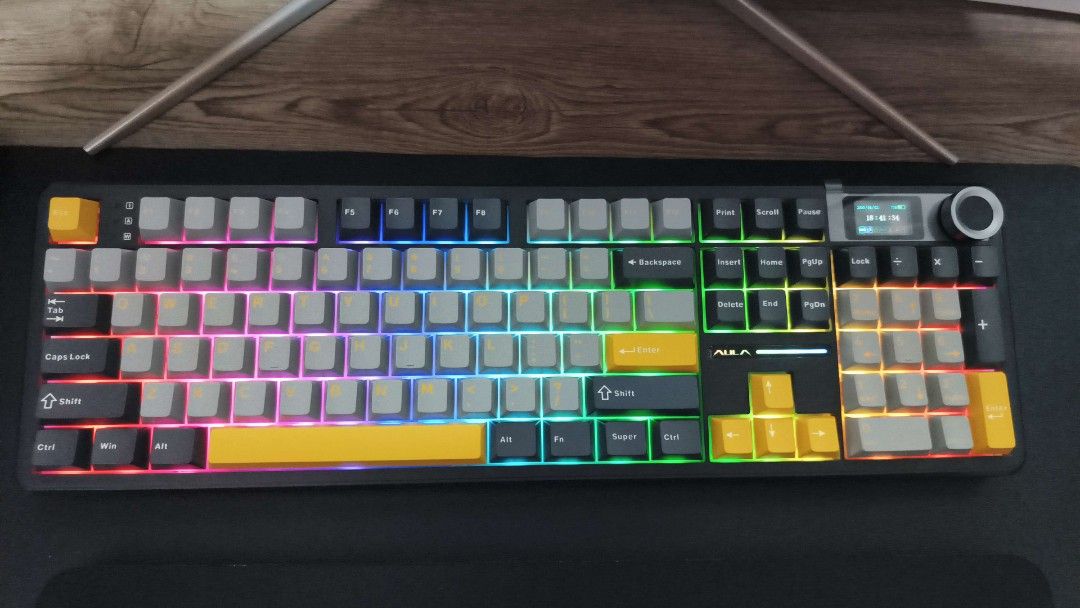 Aula F108 Pro tri-mode mechanical keyboard (Category: Computer Keyboard) located in Bulacan. Submitted by live_bendee (Listing ID 1463700712, Image 2). Description: Quick specs: - Tri mode (Wired, 2.4G receiver and Bluetooth up to 3 registered devices) - 8000mah rechargeable battery - with tft screen and dedicated knob for rgb, connection, volume, time and gif control - linear Reaper switches out of the box with extra switches (thocky sound) - co