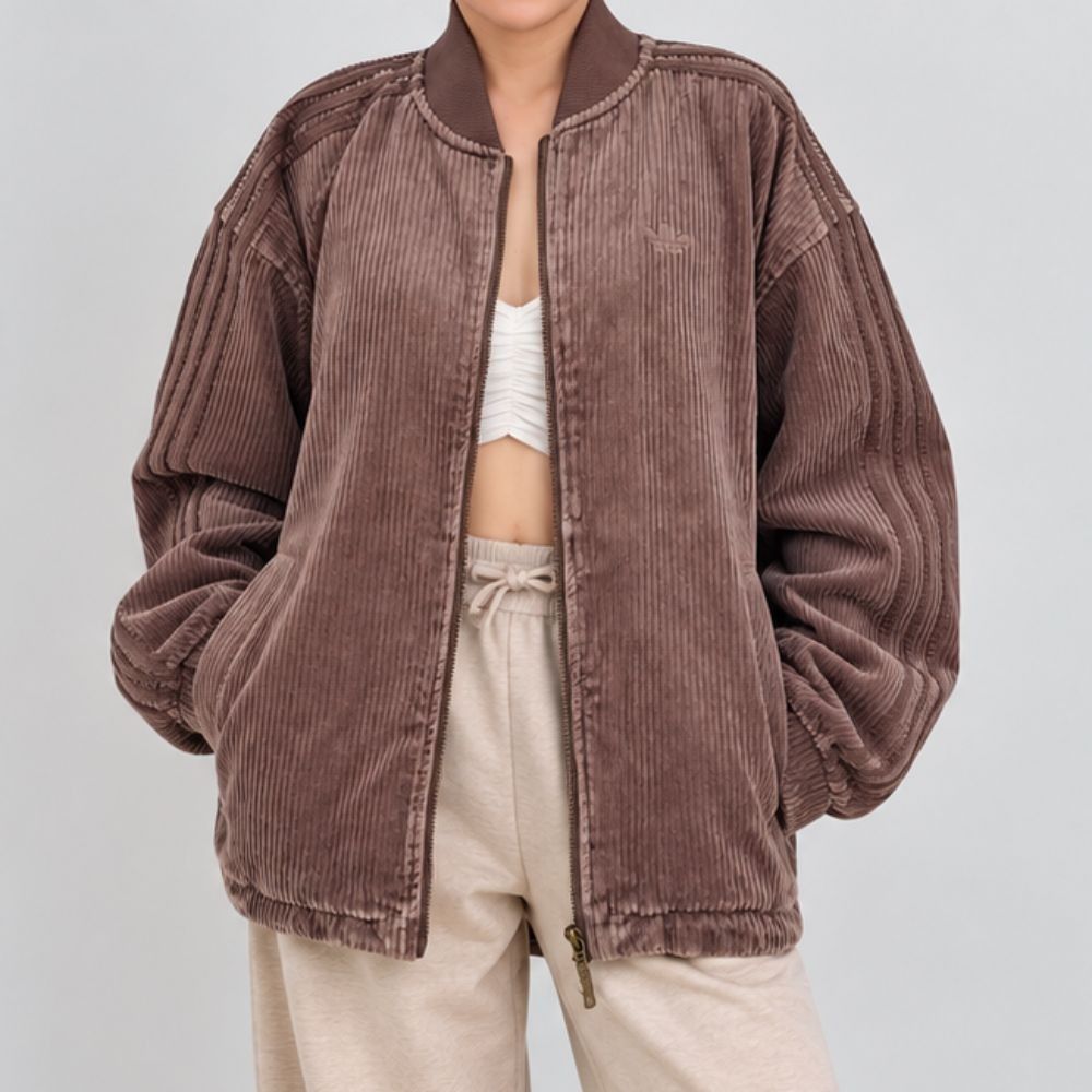 Authentic ADIDAS Brown Oversized Corduroy Jacket Fits Small Medium (Category: Coats, Jackets and Outerwear) located in Davao. Submitted by carinescloset (Listing ID 1463610121, Image 1). Description: ADIDAS Oversized Corduroy Jacket • Small on tag, oversized fit for Small, regular fit for Medium • Model reference: 25 waist, 5'0" • Mannequin reference: 27 waist, 36 bust • 100% cotton, corduroy fabric • Adjustable drawstring hem — can be worn loose