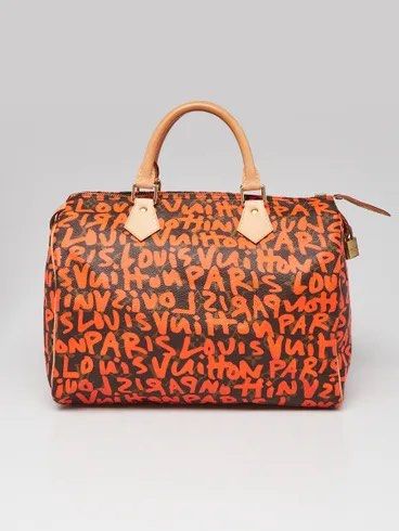 (Authentic) Louis Vuitton x Stephen Sprouse Orange Graffiti Speedy 30 (Category: Luxury Bags & Wallets) located in Cordova. Submitted by aux.archive (Listing ID 1463711361, Image 1). Description: Good condition with sign of used nag dark na yong handle may water marks may faded sa letters print and minimal rubs sa piping and may pen mark sa loob money back if proven fake Japan item authentic/legit price is negotiable .