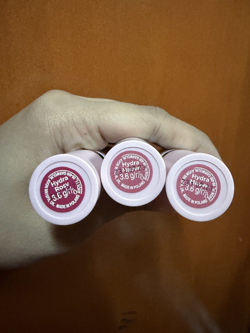 Avon Hydra Mauve & Rosy Lipstick Set (Category: Makeup) located in Pasig City. Submitted by aprilluxcloset0812 (Listing ID 1463709929, Image 2). Description: - Set of 3 Avon lipsticks for 250 - Shades: 2 x Hydra Mauve, 1 x Hydra Rosy - Each tube: 3.6g - Made in Poland - Ideal for everyday wear.