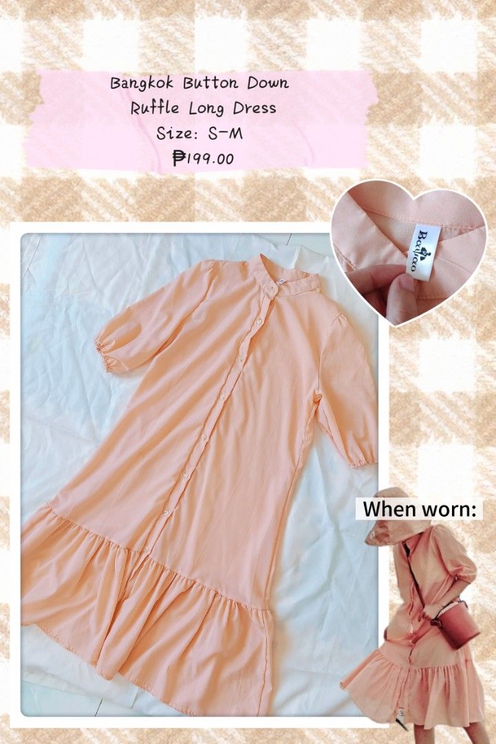 Bangkok Button Down Ruffle Long Dress (Category: Dresses) located in Legazpi City. Submitted by gellybean_closet (Listing ID 1463596509, Image 1). Description: 🎀 Item Details: • Price: ₱199.00 • Size: Fits Small to Medium • Condition: Pre-loved (Used but not abused) • Features: Full front button-down closure, tiered ruffle hem • Color: Peach (Note: Color may slightly vary due to lighting) 💰 Payment: Cash / GCash 📍 Meet-up: Every Saturday (With