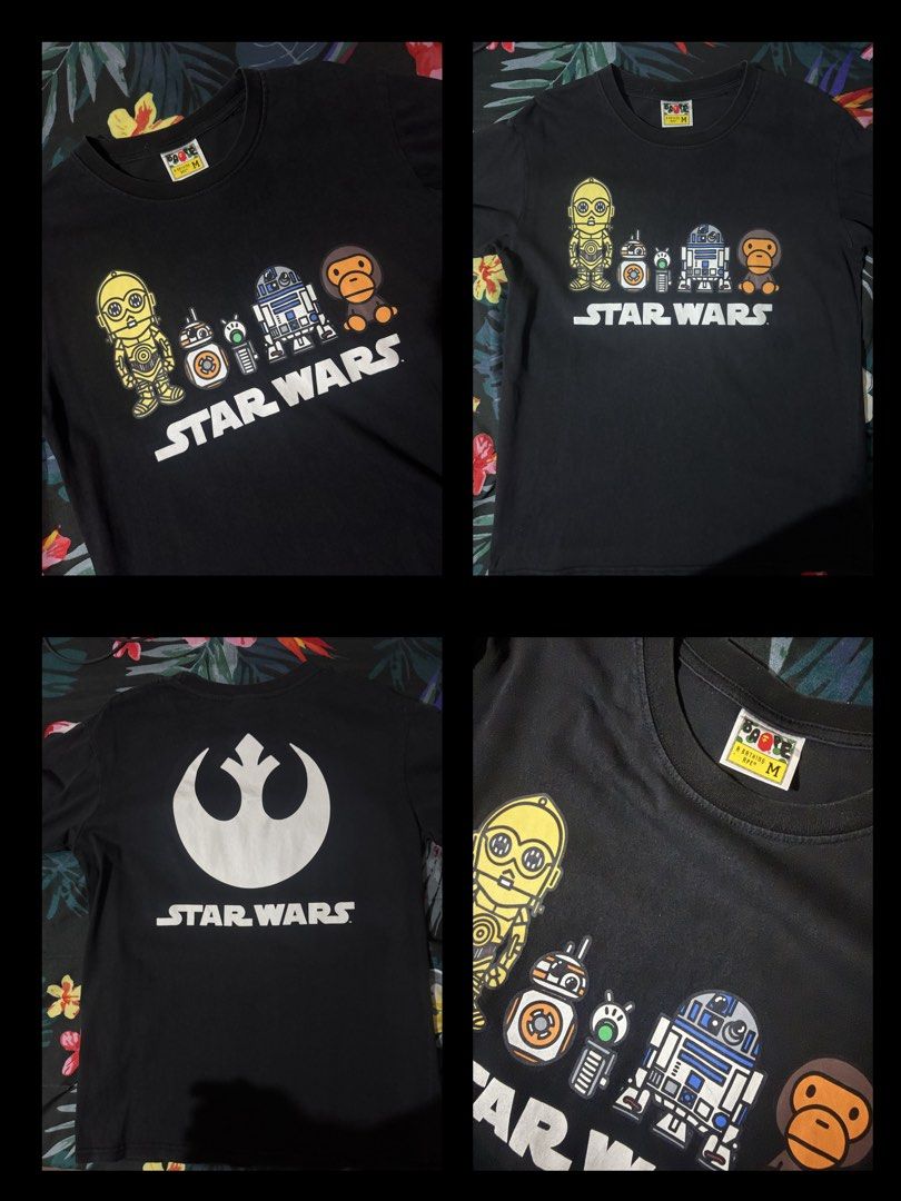 Bathing Ape x Star Wars Droids (Category: Tshirts & Polo Shirts ) located in Angono. Submitted by brydeville (Listing ID 1463688585, Image 1). Description: Bathing Ape x Star Wars Droids Medium Size Fitted only, a bit small for me. 700 only First to pay gets the item. 24hrs reservation. MOP: Bank xfer or Maya/Gcash. MOD: Grab/Lala or LBC. Item Location 📍Binangonan Rizal Thank you! 🫶.