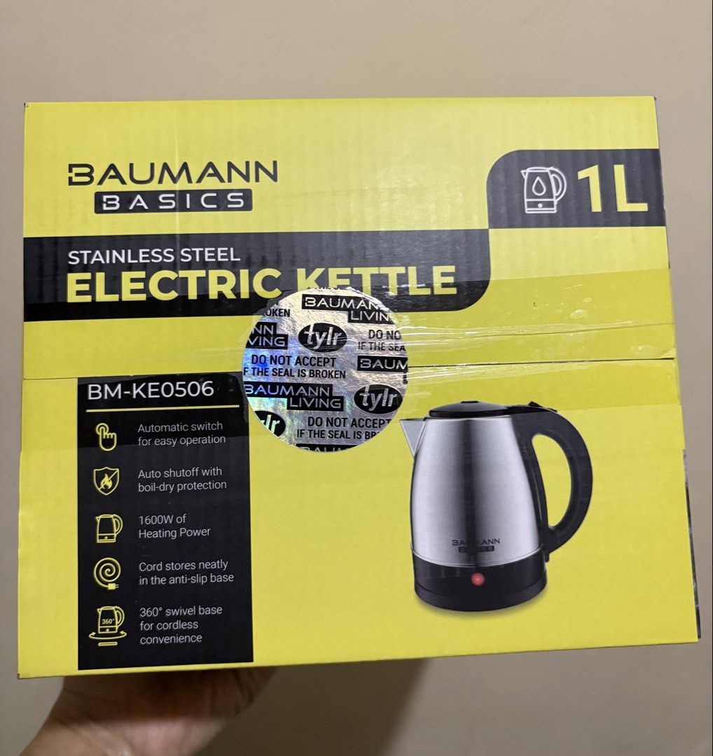 Baumann Stainless Steel Electric Kettle | 1L (Category: Cookware & Accessories) located in Taguig. Submitted by blissdreana (Listing ID 1463710362, Image 2). Description: Brand new/Sealed Stainless steel Automatic switch for easy operation Auto shut-off with boil dry operation 1600W of heating power Cord stores neatly in the anti-slip base 360 degrees swivel base for cordless convenience.