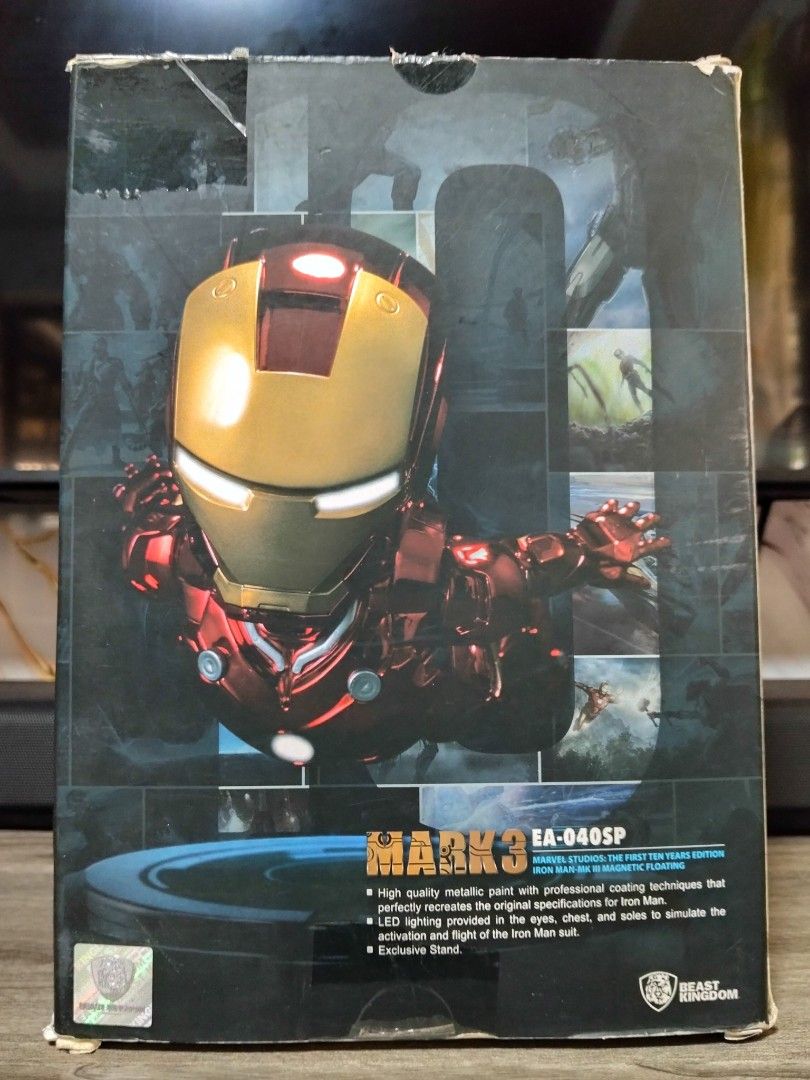 Beast Kingdom Floating Iron Man MK 3 (Category: Figurines & Statues) located in Tanza. Submitted by takodachi23 (Listing ID 1463597277, Image 1). Description: Authentic Beast Kingdom Floating Iron Man MK 3 (Marvel Studios The First Ten Years) Untested base, pero declared working ng kinuhanan ko. Broken 1 finger and few scratches sa loob ng mask. Barely noticeable ang issues..