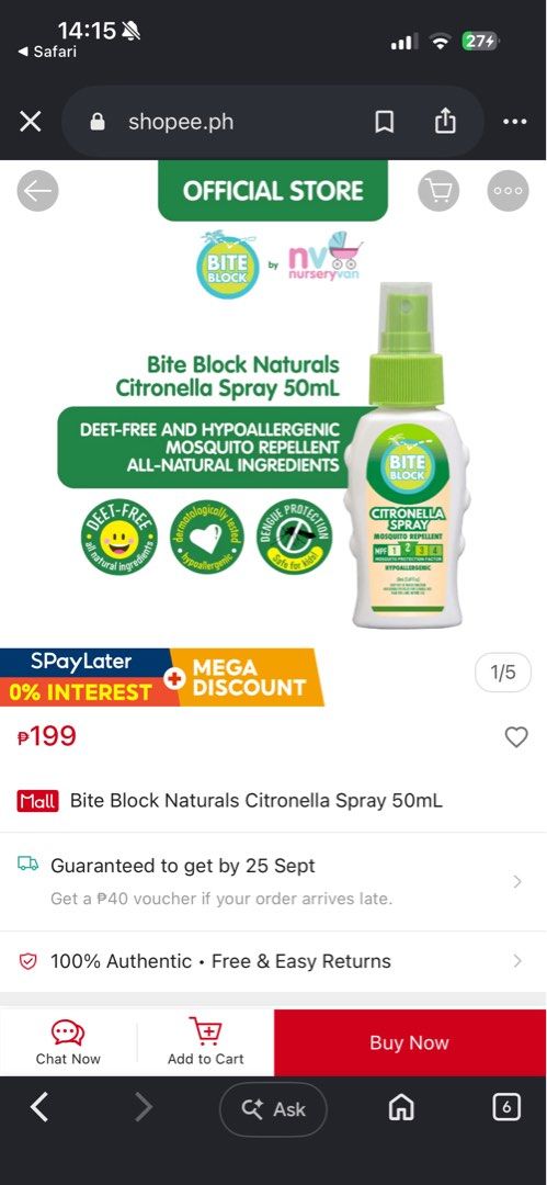 Bite Block Naturals Citronella Spray (Category: Insect Repellents) located in Las Pinas. Submitted by antoniajosepha (Listing ID 1463612757, Image 2). Description: Bite Block Naturals Citronella Spray 50mL Selling for Php 150 Market price Php 199 Condition: Never Used Rfs: Decluttering. Freebie from fun run Payment first policy (Gcash, BPI deposit) Shipping fee to be shouldered by buyer Location: Bacoor, Cavite .