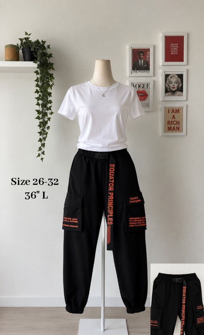 Black Cargo Pants with Belt - Size 26-32 (Category: Jeans) located in La Trinidad. Submitted by honeysplushies2 (Listing ID 1463663841, Image 1). Description: - Stylish black cargo pants - "EQUATOR PRINCIPLES" printed on the cool belt and pockets - Multiple pockets for ample storage - Comfortable elastic waistband - Fits waist sizes 26-32 inches - Length: 36 inches - Ideal for casual wear.