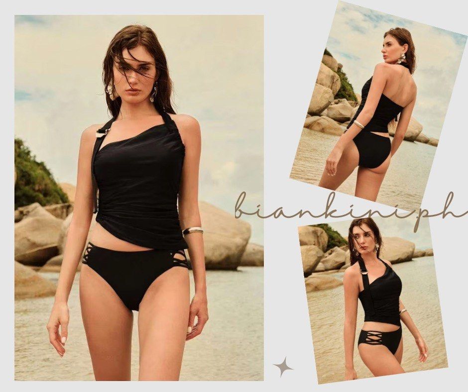 Black Halter Bikini Set (Category: Bikinis & Swimsuits) located in Las Pinas. Submitted by kathybianca (Listing ID 1463586860, Image 1). Description: - Chic black bikini set - Halter top with ruched detailing and gold accent - Bottoms with stylish side lace-up detail - Comfortable and fashionable design - Ideal for beach trips and pool days.