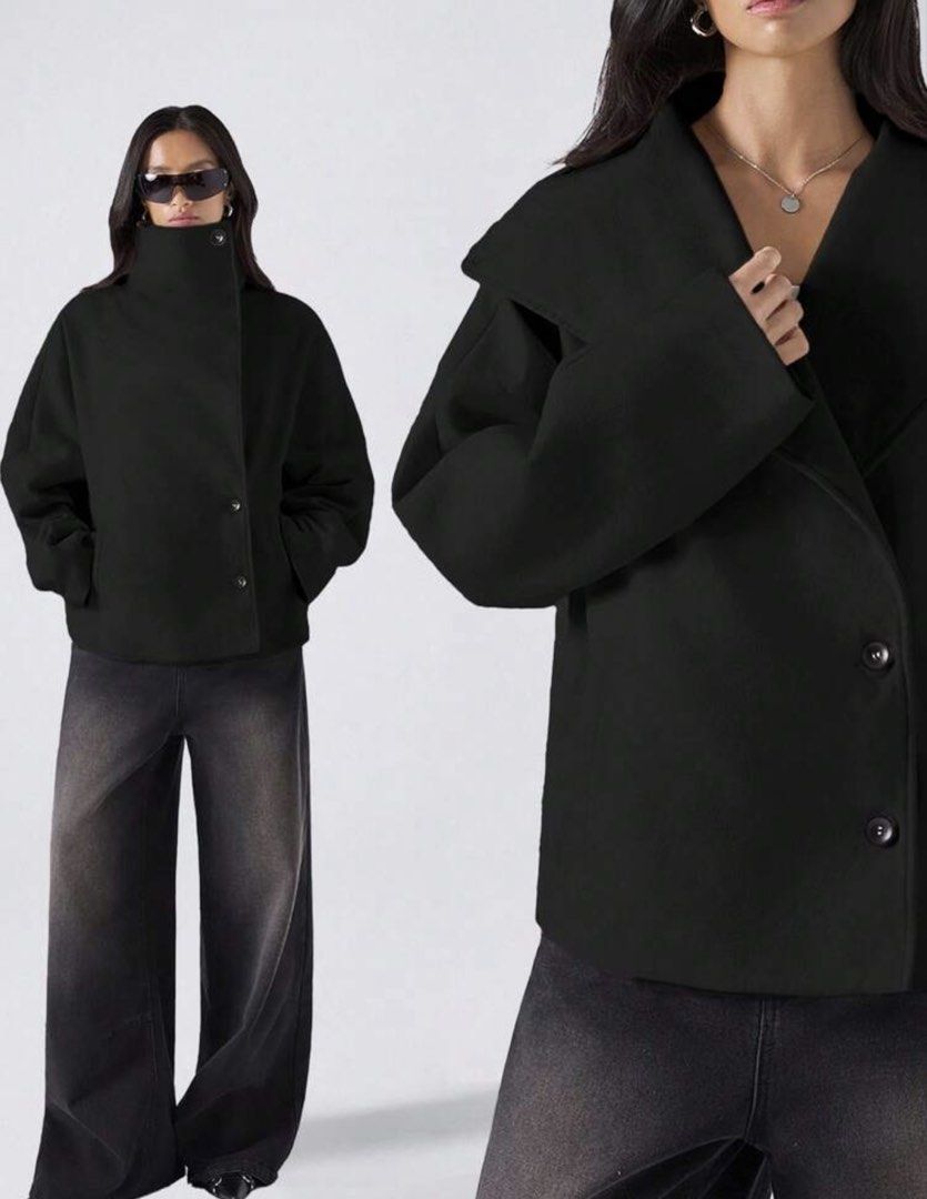 Black Oversized Collar Button Up Jacket (Category: Coats, Jackets and Outerwear) located in Paranaque City. Submitted by declutterr__ (Listing ID 1463613233, Image 3). Description: - Cool black jacket - Unique oversized collar - Can be worn buttoned up or open - Two front buttons and pockets - Voluminous sleeves - Ideal for layering over tops or dresses - Creates a chic, minimalist aesthetic.