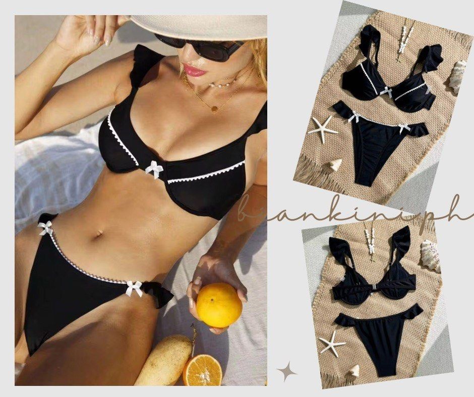 Black Ruffle Bikini with White Trim I and Bows (Category: Bikinis & Swimsuits) located in Las Pinas. Submitted by kathybianca (Listing ID 1463587345, Image 1). Description: - Cute black bikini set - Features ruffle straps - White trim details - Adorable little bows on top and bottoms - Ideal for beach days or pool parties - Comfortable and stylish design - Get ready for summer fun!.