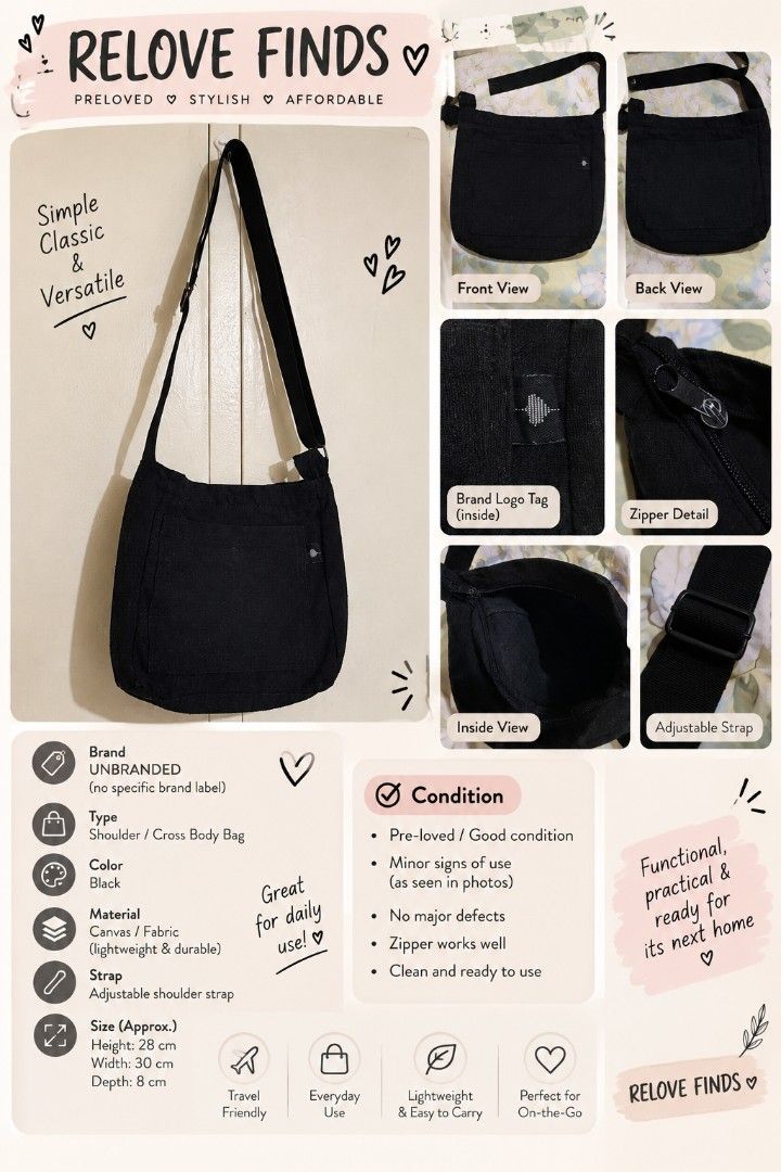 BLACK SLING BAG (Category: Sling Bags) located in Cainta. Submitted by relove.finds_2020 (Listing ID 1463716747, Image 1). Description: - BLACK SLING BAG - STRAP ADJUSTABLE - ZIPPER WORKING.