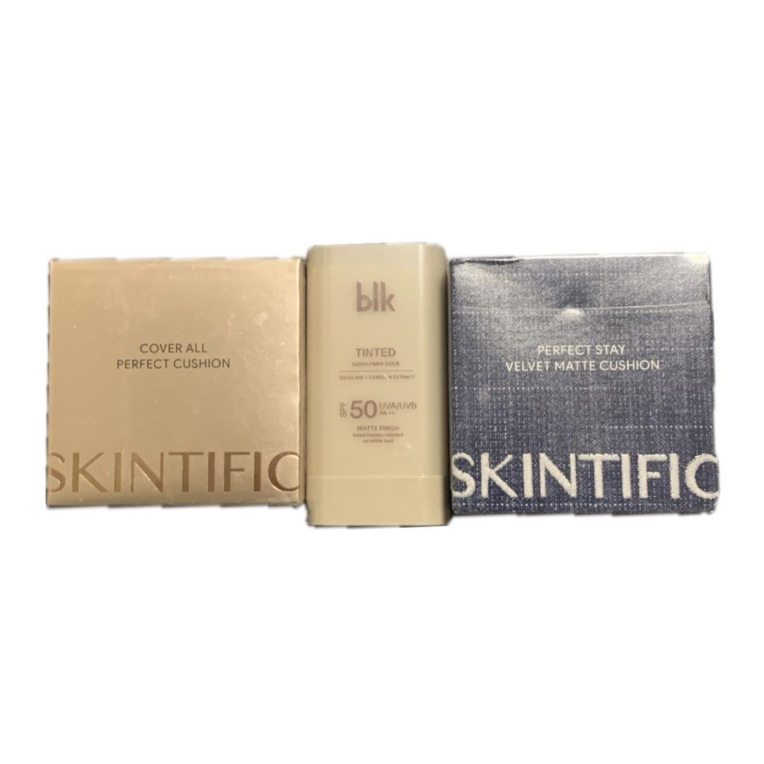 BLK Sunscreen Stick & Skintific Cushion (Sealed) (Category: Makeup) located in Calamba. Submitted by belineise (Listing ID 1463680014, Image 1). Description: 3 products are SEALED ✨ take all for 900 ! blk sunscreen - 575 skintific cover all cushion - 699 skintific perfect stay velvet matte cushion - 569 original total price: 1845.