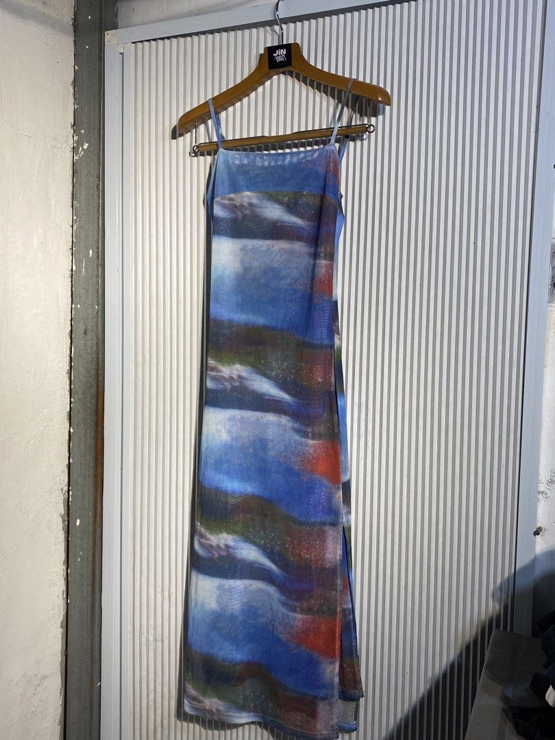 Blue Abstract Print Mesh Slip Dress (Category: Dresses) located in Bocaue. Submitted by jintanthrift (Listing ID 1463650999, Image 1). Description: Mesh abstract/scenery print dress No tags that indicate size but best fits xs-s Adjustable straps . . . y2k, fairycore, cottagecore.