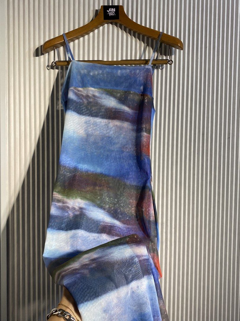Blue Abstract Print Mesh Slip Dress (Category: Dresses) located in Bocaue. Submitted by jintanthrift (Listing ID 1463650999, Image 2). Description: Mesh abstract/scenery print dress No tags that indicate size but best fits xs-s Adjustable straps . . . y2k, fairycore, cottagecore.