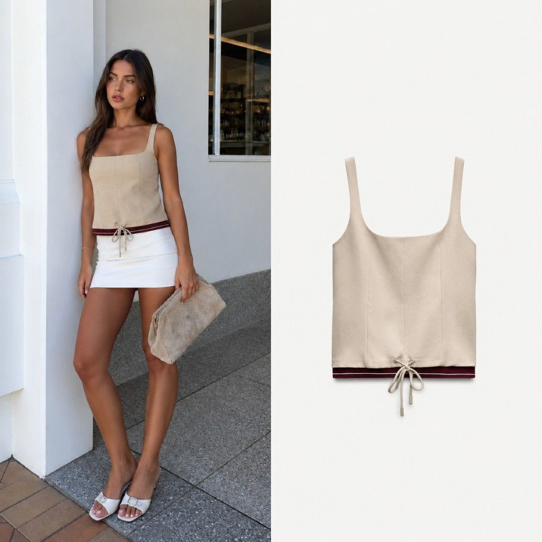 BNEW ZARA Beige Contrast Drawstring Top | Small on tag (Category: Sleeveless) located in Bulacan. Submitted by chantyscloset_ (Listing ID 1463630953, Image 1). Description: ⚠️ 𝐋𝐀𝐒𝐓 𝐏𝐑𝐈𝐂𝐄 𝐀𝐋𝐑𝐄𝐀𝐃𝐘. 𝐋𝐨𝐰 𝐨𝐟𝐟𝐞𝐫𝐬 𝐰𝐢𝐥𝐥 𝐛𝐞 𝐢𝐠𝐧𝐨𝐫𝐞𝐝 🚫 𝐊𝐢𝐧𝐝𝐥𝐲 𝐫𝐞𝐚𝐝 𝐝𝐞𝐬𝐜𝐫𝐢𝐩𝐭𝐢𝐨𝐧 𝐛𝐞𝐥𝐨𝐰 👇 BNEW w tags 🔖| Selling BELOW srp| Small on tag |retails for 2695 php in zara pinas | No other ww ❌️ | 𝑺𝒆𝒍𝒍𝒆𝒓'𝒔 𝒇𝒂𝒗𝒆