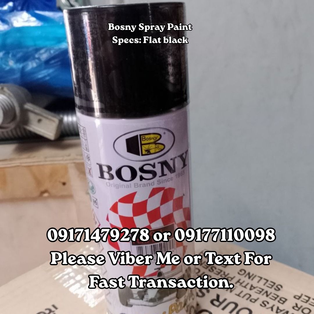 Bosny Spray Paint Specs: Flat black (Category: Construction Tools & Equipment) located in Manila. Submitted by 09171479278_elsie. (Listing ID 1463601898, Image 1). Description: Bosny Spray Paint Specs: Flat black .