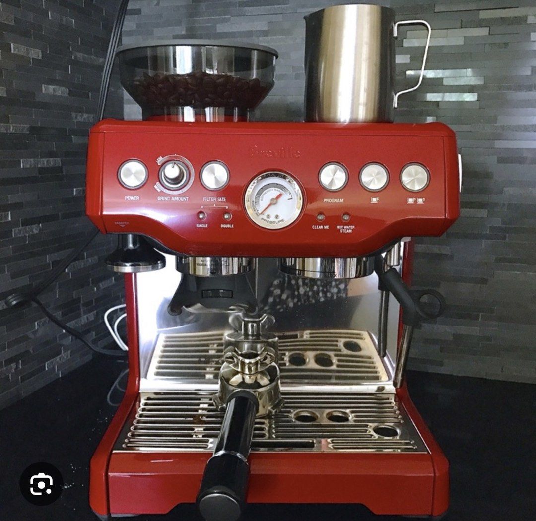 Breville Red Espresso Machine with Built-in Grinder (Category: Coffee Machines & Makers) located in Manila. Submitted by jepmarcal64751 (Listing ID 1463622841, Image 1). Description: - Red Breville espresso machine - Built-in grinder for fresh coffee - Pressure gauge for perfect shots - Ideal for making delicious coffee at home and for business - With water leak at the back -Original price 56,000PHP.