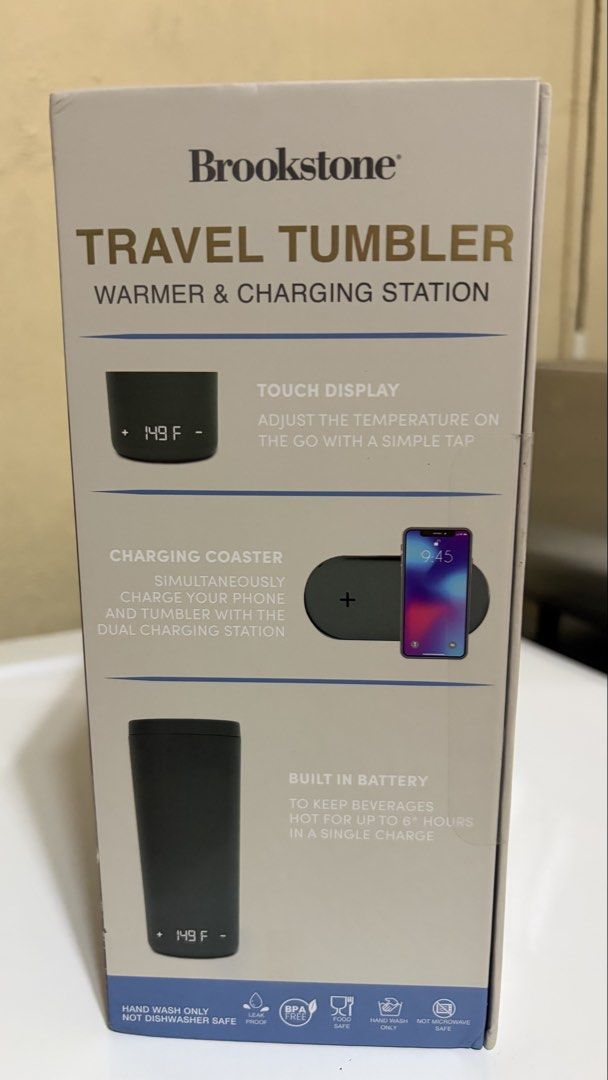 Brookstone Travel Tumbler (Category: Water Bottles & Tumblers) located in Manila. Submitted by lizziedear.lizziedear (Listing ID 1463637665, Image 3). Description: - Keeps drinks hot for up to 6 hours - Adjustable temperature control with touch display - Charging coaster doubles as a 10W wireless charger for your phone and the tumbler - Double wall insulation for optimal heat retention - 11.5 oz mug capacity - Hand wash only - Direct from USA🇺🇸