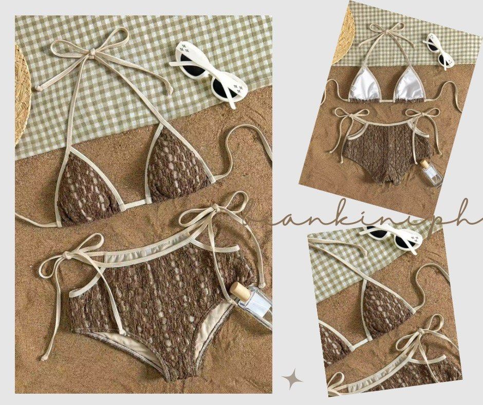 Brown Crochet Bikini Set with White Trim (Category: Bikinis & Swimsuits) located in Las Pinas. Submitted by kathybianca (Listing ID 1463590401, Image 1). Description: - Cute crochet bikini set - Color: Brown with white trim - Style: Triangle top and high-waisted bottoms - Features: Adjustable ties at neck and sides - Ideal for: Beach days, pool parties - Pair with: Sunglasses and a straw hat.