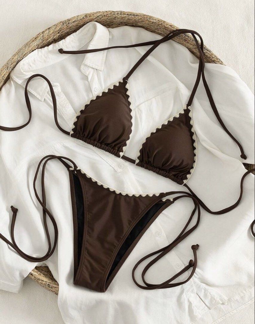 Brown Scalloped Trim String Bikini Set (Category: Bikinis & Swimsuits) located in Manila. Submitted by disney_princess02 (Listing ID 1463695539, Image 1). Description: - Cute brown bikini - White scalloped trim - Triangle top with adjustable string ties - Matching string bikini bottoms - Ideal for beach trips or pool days - Comfortable and stylish - Get ready for summer!.