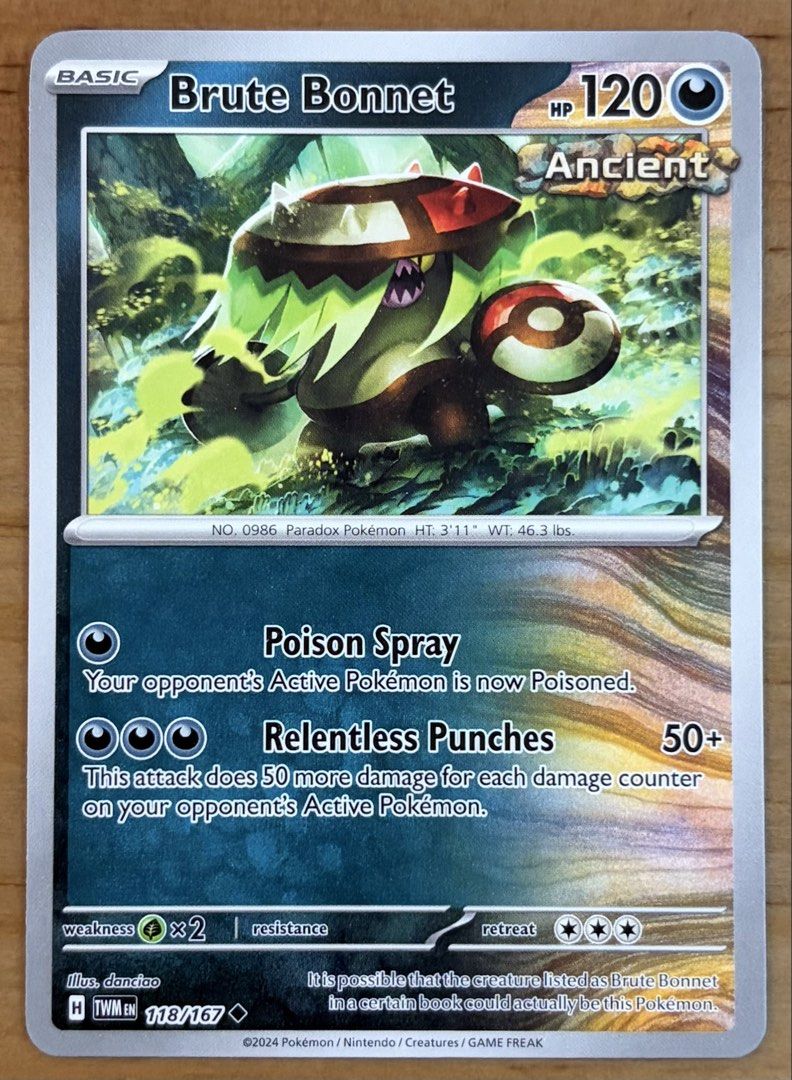 Brute Bonnet | Pokemon Cards ~ Twilight Masquerade (Category: Raw Singles) located in Makati City. Submitted by cardlab (Listing ID 1463739078, Image 1). Description: Items are 💯 authentic/original/legit. About The Card: •Language: EN • Number: 118/167 • Uncommon • Normal FOR: • Cards ₱99 and below with Card Sleeves • Cards ₱100 and up with Card Sleeves and Used Toploader • ₱10 for Bnew Tops Packaging (If Shipping): ✔️ Plastic cover ✔️ Cardboard