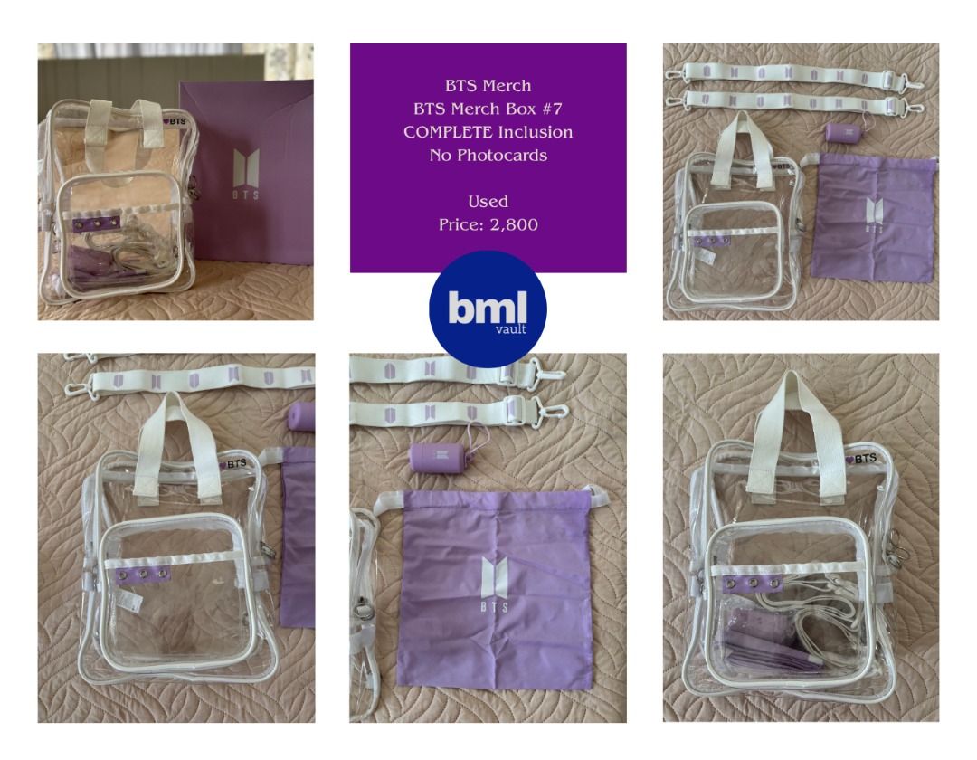 BTS Merch Box #7 Clear Backpack Complete Inclusion No Photocards | Philippines (Category: K-Wave Merchandise) located in Cebu City. Submitted by bml_vault (Listing ID 1463575529, Image 1). Description: - BTS Merch Box #7 - Used - Clear Backpack Set - All inclusions complete EXCEPT for photocards.