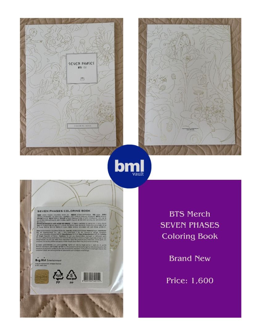 BTS Merch SEVEN PHASES Coloring Book | Sealed | Philippines (Category: K-Wave Merchandise) located in Cebu City. Submitted by bml_vault (Listing ID 1463572520, Image 1). Description: - Brand New & Sealed BTS SEVEN PHASES Coloring Book - Official BTS Merchandise.
