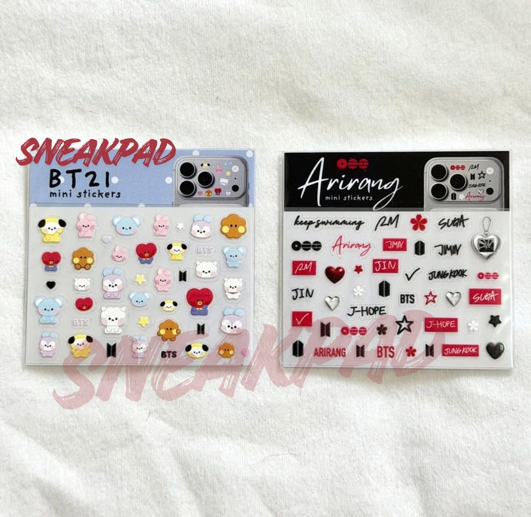 BTS Mini Stickers (Category: Other Stationery & Craft) located in Antipolo. Submitted by sneak_pad (Listing ID 1463699866, Image 1). Description: BTS Mini Stickers ✨ Designs Available: - Arirang - BT21 ₱120 each IF ordering a pair, ₱200 only 📍Shipping from Cavite.