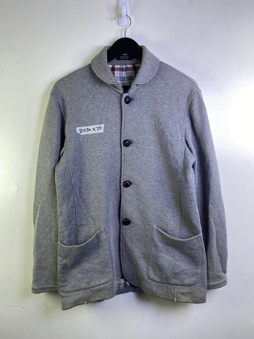 Burberry Black Label Grey Shawl Collar Sweatshirt Jacket (Category: Coats, Jackets and Outerwear) located in Manila. Submitted by declutterpromax (Listing ID 1463605840, Image 1). Description: - Burberry Black Label grey sweatshirt jacket - Shawl collar with button closure - Features iconic Burberry plaid lining - Two front pockets - Size 3 - Perfect for layering.