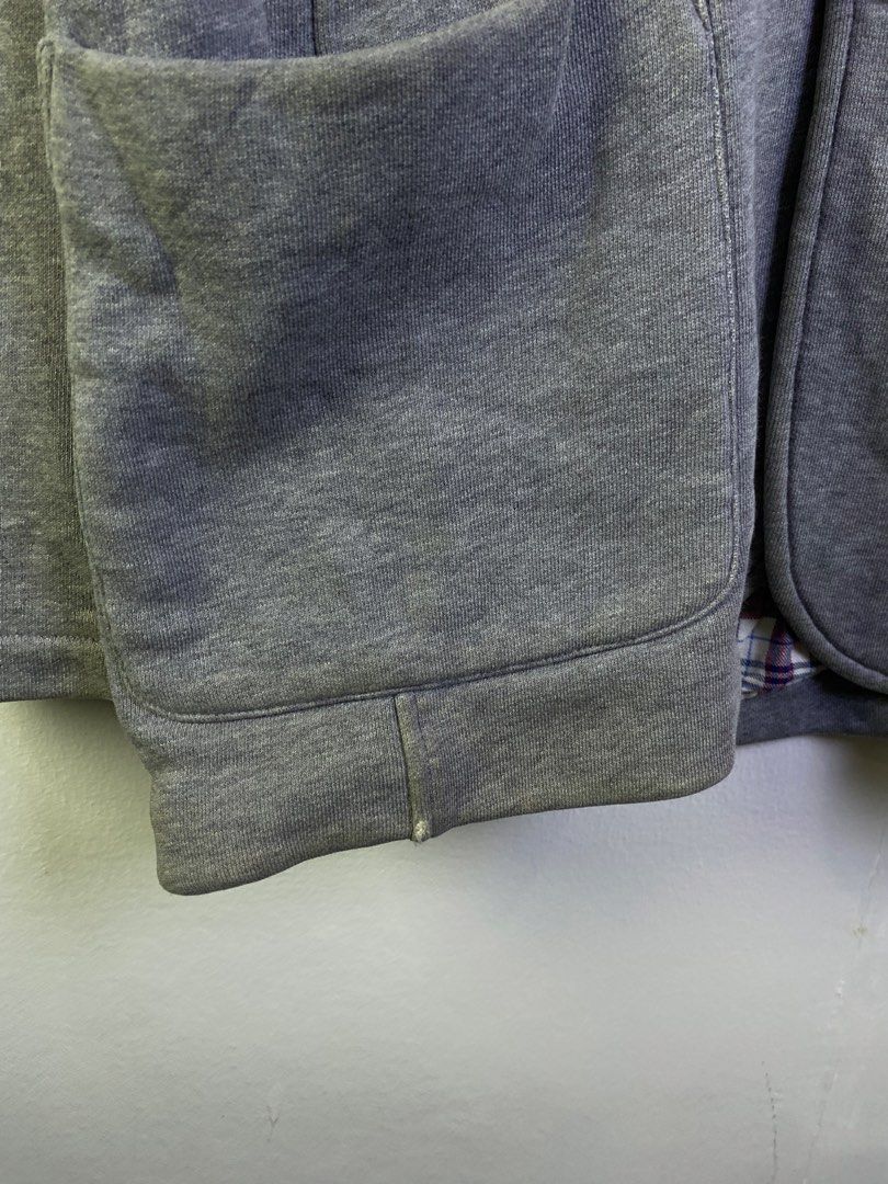 Burberry Black Label Grey Shawl Collar Sweatshirt Jacket (Category: Coats, Jackets and Outerwear) located in Manila. Submitted by declutterpromax (Listing ID 1463605840, Image 3). Description: - Burberry Black Label grey sweatshirt jacket - Shawl collar with button closure - Features iconic Burberry plaid lining - Two front pockets - Size 3 - Perfect for layering.